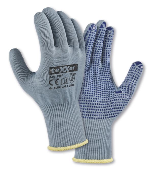 teXXor® Feinstrick-Handschuhe NYLON, grau/blaue Noppen