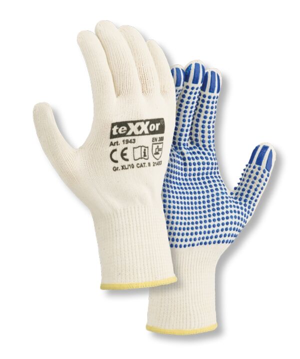 teXXor® Mittelstrick-Handschuhe BAUMWOLLE/NYLON, weiß/blaue Noppen