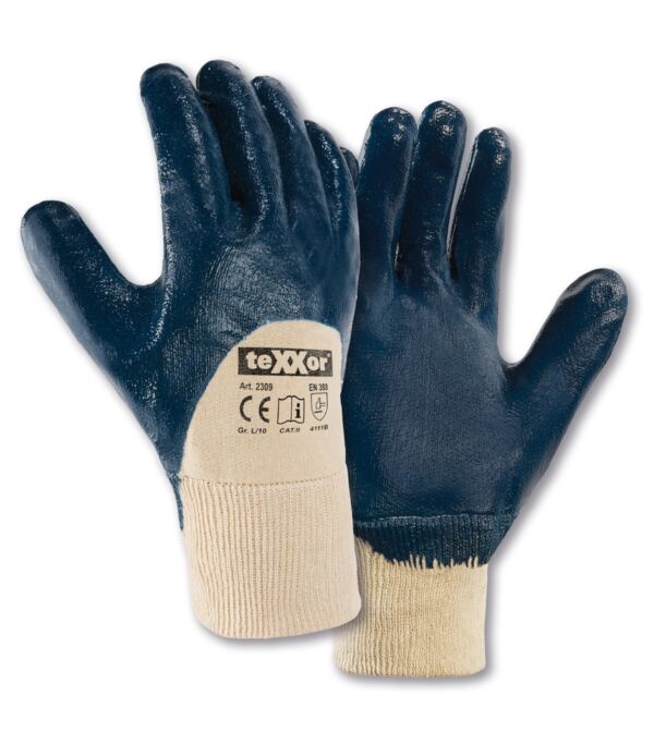 teXXor® Nitril-Handschuhe STRICKBUND, beige/blau, ¾-Beschichtung