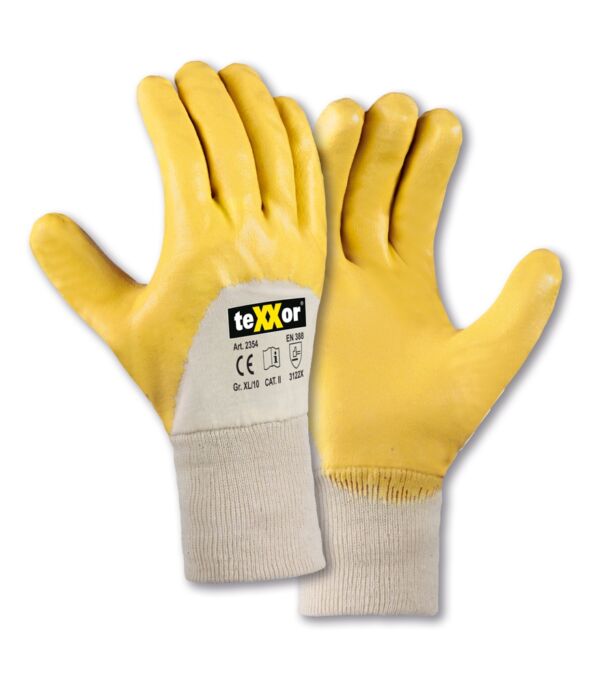 teXXor® Nitril-Handschuhe STRICKBUND, gelb, ¾-Beschichtung, mittlere Qualität